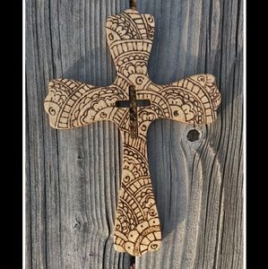 Hand Decorated- Wood Burned Cross Henna Design